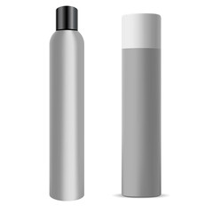 Hair spray bottle. Chrome deodorant can, hair aerosol cylinder mockup. Aluminium hairspray container blank, realistic toilet refresher design, round sprayer packPaint tin packaging with sprayer cap