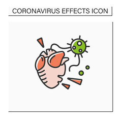 Heart attack color icon. Covid molecule causing heart failure. Concept of corona virus cardio health effect and frequent death cause.Isolated vector illustration