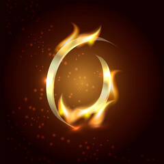 The minimalistic letter of the Russian alphabet O. Gold symbol on fire on a dark background.
