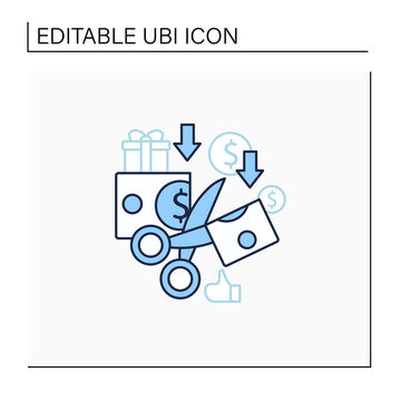 Less Spending Line Icon. Reasonable Money Use. Mindful Spending.Scissors Cut Money.Universal Basic Income Concept. Isolated Vector Illustration.Editable Stroke