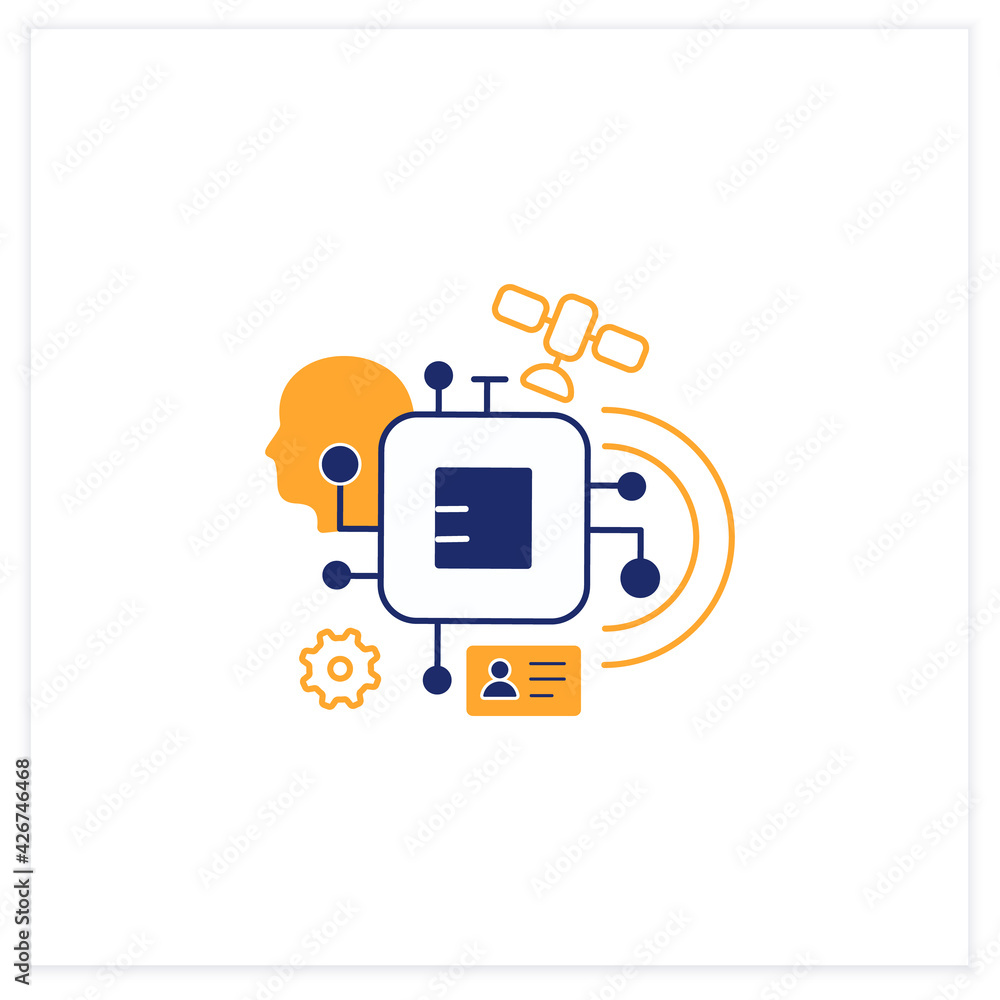 Poster chipization flat icon. embedded in persons body. modern technology. small information disk.digital t
