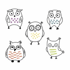 Cute comical cartoon owls hand drawn vector set