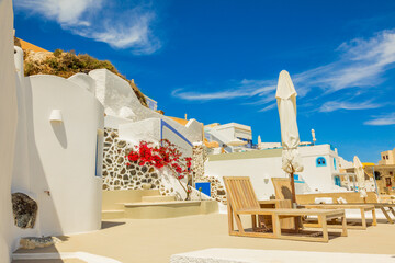 Greece Santorini island in Cyclades, traditional sights of colorful and white washed houses with...