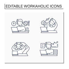 Workaholic line icons set. Workaholism prevention, consequences. Depersonalization, counterproductive behaviour, skip breaks.Overworking concept.Isolated vector illustrations.Editable stroke