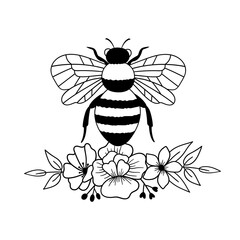 Floral Bee. Bee with flowers. Outline drawing. Line vector illustration.  Isolated on white background. Good for posters, t shirts, postcards.