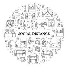 Social distance circle poster. Corona virus pandemic safety recommendations concept. Isolated vector template