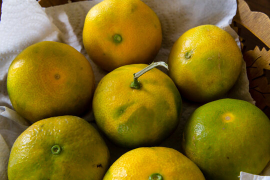 Top view close up of a basket full fresh kinnow mandarins with their peels on.