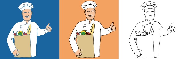 The chef with a paper package of products shows thumbs up, smiles, in the form of a white robe, in a chef's cap. Three style options linear sketch, spots,  cartoon black outline stroke. Set EPS10