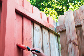 A hand with brush painting a fence at backyard