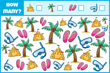 Educational mathematical game. Count the number of beach accessories. Count how many 
beach accessories. Counting game for children.