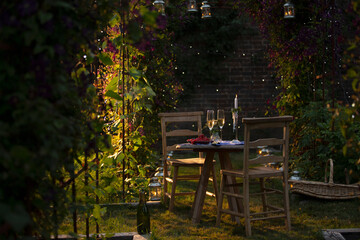 Champagne and red currants on idyllic summer garden table