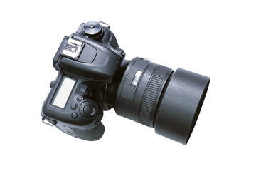 Top view of a modern  DSLR camera isolated on a white background without shadows. 