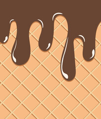 Background with waffle and chocolate icing. Ice cream background for cards, background for inscriptions, summer background. Vector illustration