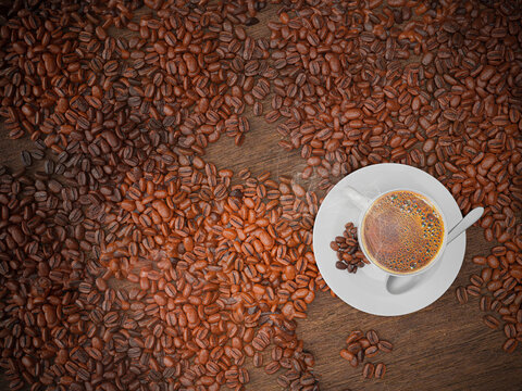 Top view 3D image Coffee cup with coffee beans on dark brown background, Coffee advertising design - 3D rendering