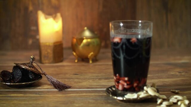Arabian juice of jallab with nuts served in holy month of Ramadan