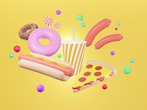 3D image Food and beverage on yellow background, Minimal background, fast food concept - 3d illustration