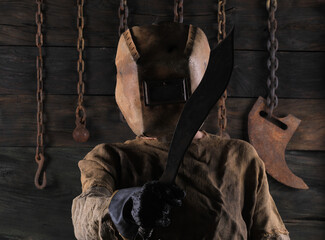halloween man in old welding mask