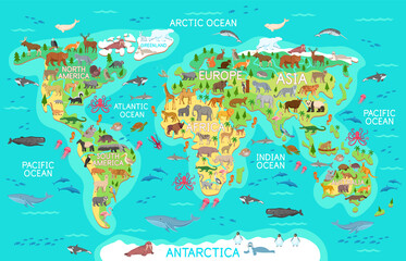 The vector world map with flat cartoon wild animals for kids.South America,Asia,Europe,North America,Africa,Australia,Atlantic Ocean,Indian Ocean,Pacific Ocean,Arctic Ocean with different animals. © NADEZHDA