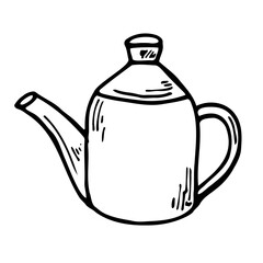 Coffee or tea kettle hand drawn vector doodle illustration. Cartoon teapot. Isolated on white background. Coffee time. Hand drawn simple element