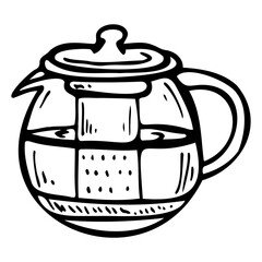 Coffee or tea kettle hand drawn vector doodle illustration. Cartoon teapot. Isolated on white background. Coffee time. Hand drawn simple element