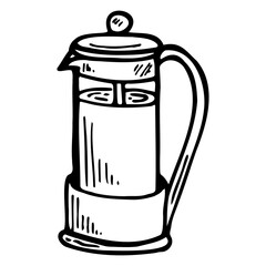 French Press hand drawn vector doodle illustration. Cartoon pot. Isolated on white background. Coffee time. Hand drawn simple element