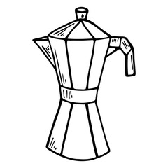 Coffee kettle hand drawn vector doodle illustration. Cartoon coffee pot. Isolated on white background. Coffee time. Hand drawn simple element