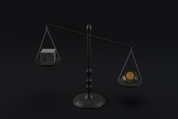 Bitcoin coin symbol on scales and safety deposit box. Bitcoin price volatility concept image. Scales of justice. 3D rendering illustration