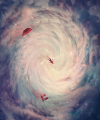 Surreal view of a cosmic wormhole. Person absorbed by a magical celestial swirl. Teleportation in...