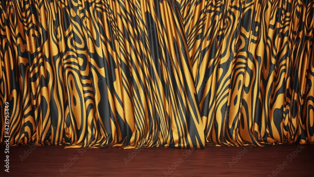 Poster realistic 3d animation of the tiger pattern curtain with wood flooring rendered in uhd with alpha ma