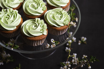 Cupcakes topped with pandan flavor buttercream