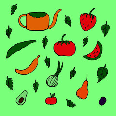 garden lake, banana, strawberries, avocado, tomato, apple, pear, watermelon on a pink, yellow, blue, salad, blue background.