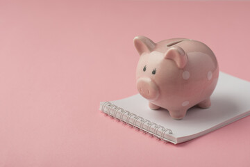 Closeup photo of piggy bank on notebook on isolated pink background with copyspace