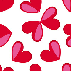 Seamless pattern with red hearts on a white background. Printing on fabrics, textiles, decorative pillows, wallpapers, romantic cards, wrapping paper. Vector graphics.