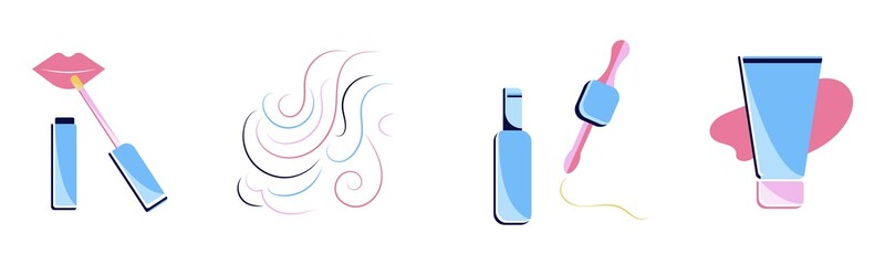 Cosmetic products and professional facial makeup icons set. Feminine skincare. Beauty industry. Pictogram for web page, mobile app, promo. Vector illustration isolated on white background.