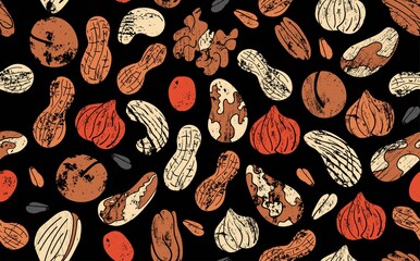  Vector Seamless Pattern with Various Nuts and Seeds. Texture with almonds, hazelnut, walnut, peanut, cashew,  pistachio on black background.