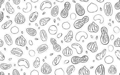  Vector Seamless Pattern with Various Nuts and Seeds. Texture with almonds, hazelnut, walnut, peanut, cashew,  pistachio on white background.