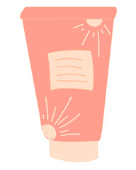 Vector pink tube of cream with abstract pattern in the form of the sun and sunbeams. Sun cream. Beauty. Flat style.  Ideal for summer poster, card