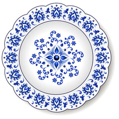 Porcelain plate with blue on white abstract oriental ornament in  Chinese design style. Traditional decorative pattern with flowers and leaves. Isolated plate or dish, vector illustration