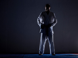 The karate guy in white kimono and black belt training karate © qunica.com