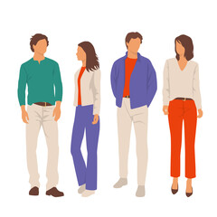 Fototapeta premium Set of young men and women, different colors, cartoon character, group of silhouettes of standing business people, students, the design concept of flat icon, isolated on white background