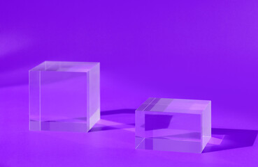 Pedestal podium neon display glass cubes with shadow and reflection, block platform, transparent geometric stand for cosmetics, minimal mockup. Acrylic modern showcase crystal for product presentation