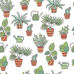 Seamless pattern with potted houseplants set