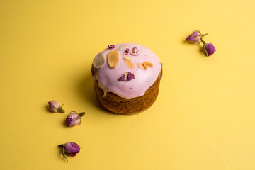 Homemade puff pastry with raspberries. Sweet tasty dessert. Decorated with flowers