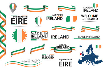 Big vector set of Irish ribbons, symbols, icons and flags isolated on a white background. Made in Ireland, premium quality, Irish national tricolor. Set for your infographics and templates