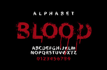 BLOOD lettering in scary dripping bloody letters. Splash Alphabet, vector set of alphabet letters and numbers on a black background. Horror font for headline, poster, label. Halloween party style