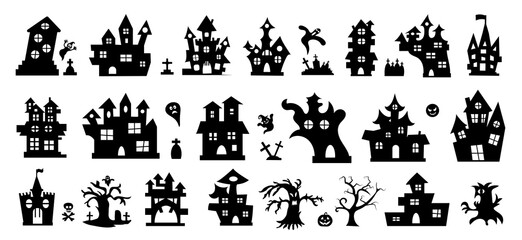 Set of halloween icons. Halloween haunted house isolated on a white background. Vector illustration - obrazy, fototapety, plakaty
