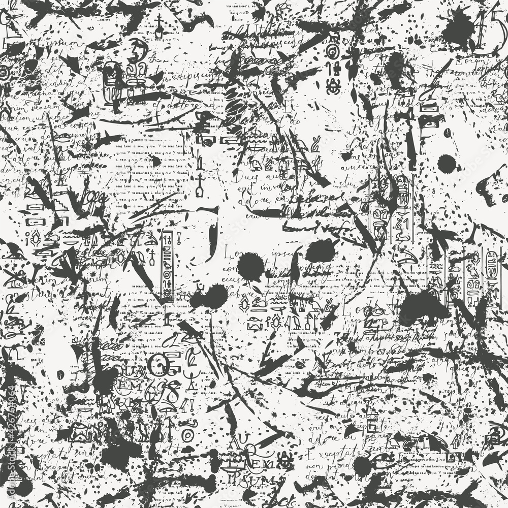 Poster abstract seamless pattern with fragments of illegible handwritten and printed text soiled with black