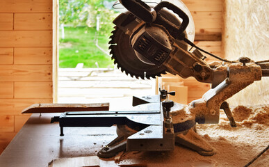 Cutting machine. A circular saw. Carpentry Works. Woodworking tools.