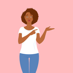 Emotions. Pretty young adult black woman in casual clothes with hair in Afro style.