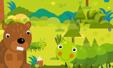 cartoon scene with different european animals in the forest